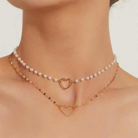 Pearl and 18K Gold-Plated Heart Layered Pendant Necklace, gold pendant necklace for women, everyday style, front view