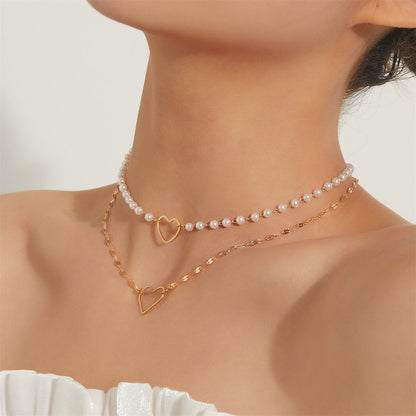 Pearl and 18K Gold-Plated Heart Layered Pendant Necklace, gold pendant necklace for women, side view