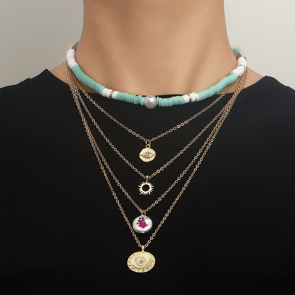 Light Green Polymer Clay & 18K Gold-Plated Eye Flower Pendant Layered Necklace