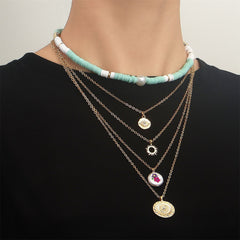 Light Green Polymer Clay & 18K Gold-Plated Eye Flower Pendant Layered Necklace