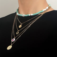 Light Green Polymer Clay & 18K Gold-Plated Eye Flower Pendant Layered Necklace