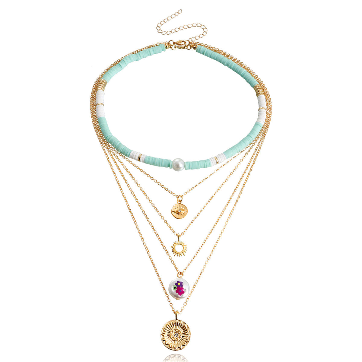 Light Green Polymer Clay & 18K Gold-Plated Eye Flower Pendant Layered Necklace