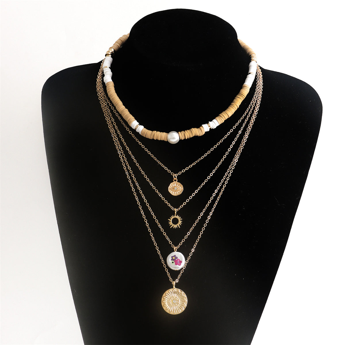 Pearl & Brown Polymer Clay Eye Floral Layered Pendant Necklace