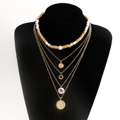 Pearl & Brown Polymer Clay Eye Floral Layered Pendant Necklace