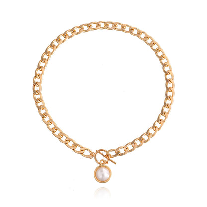 Pearl and 18K Gold-Plated Cuban Pendant Necklace, gold pendant necklace for women, botanical inspired, side view