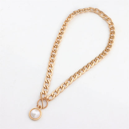 Pearl and 18K Gold-Plated Cuban Pendant Necklace, gold pendant necklace for women, botanical inspired, styled look