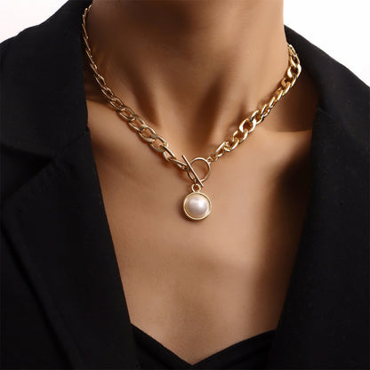 Pearl and 18K Gold-Plated Cuban Pendant Necklace, gold pendant necklace for women, botanical inspired, front view