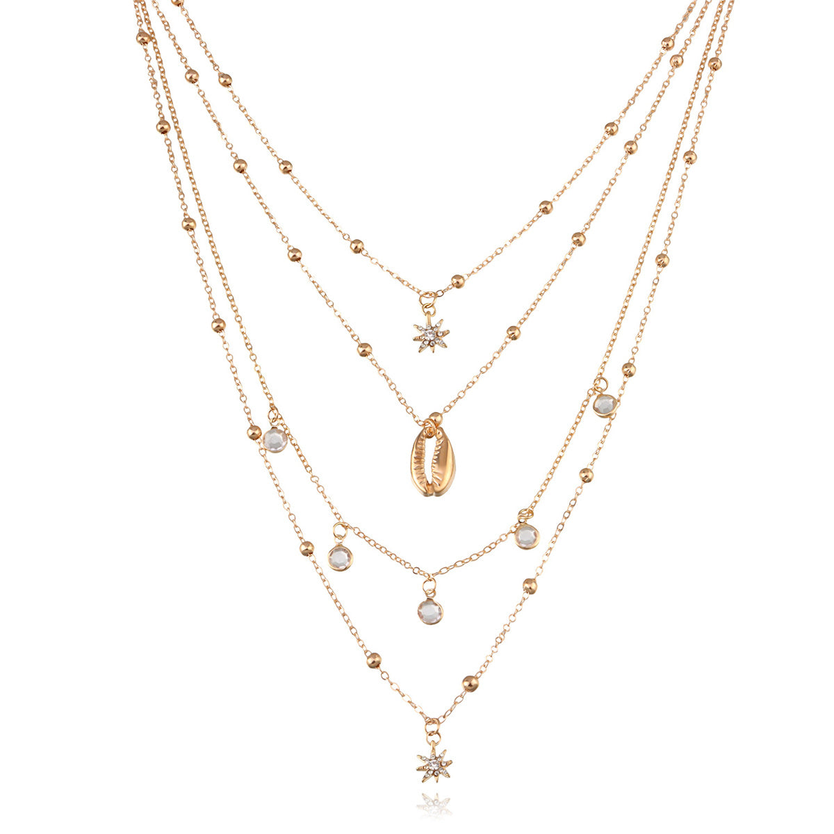 Cubic Zirconia and 18K Gold-Plated Heart Shell Layered Pendant Necklace, gold pendant necklace for women, detail close-up