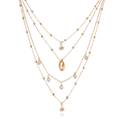 Cubic Zirconia and 18K Gold-Plated Heart Shell Layered Pendant Necklace, gold pendant necklace for women, detail close-up