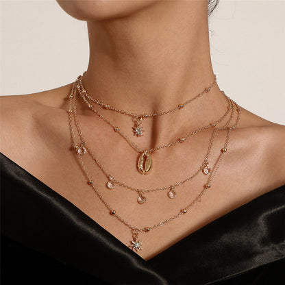 Cubic Zirconia and 18K Gold-Plated Heart Shell Layered Pendant Necklace, gold pendant necklace for women, front view
