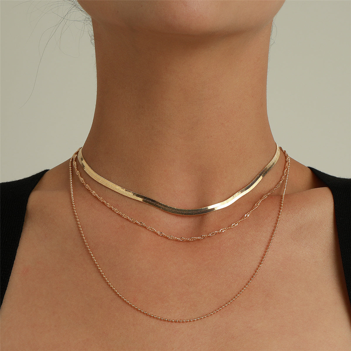 18K Gold-Plated Snake Chain Layered Necklace, gold pendant necklace for women, dainty minimalist design, front view