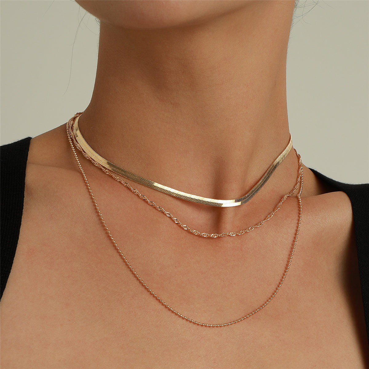 18K Gold-Plated Snake Chain Layered Necklace, gold pendant necklace for women, dainty minimalist design, side view