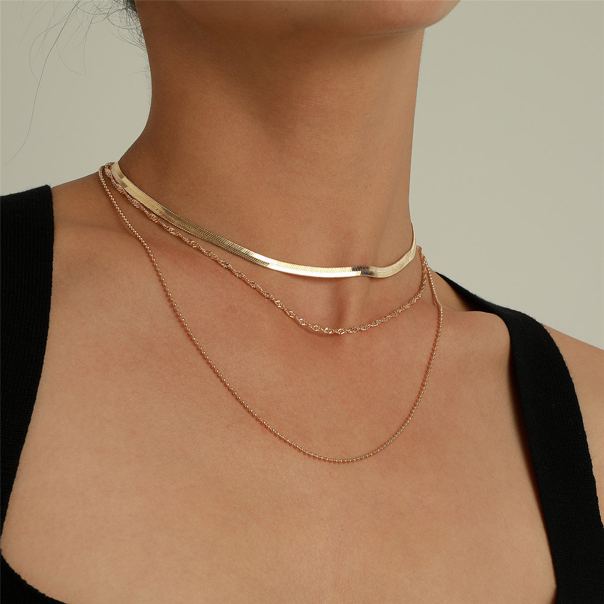 18K Gold-Plated Snake Chain Layered Necklace, gold pendant necklace for women, dainty minimalist design, detail close-up