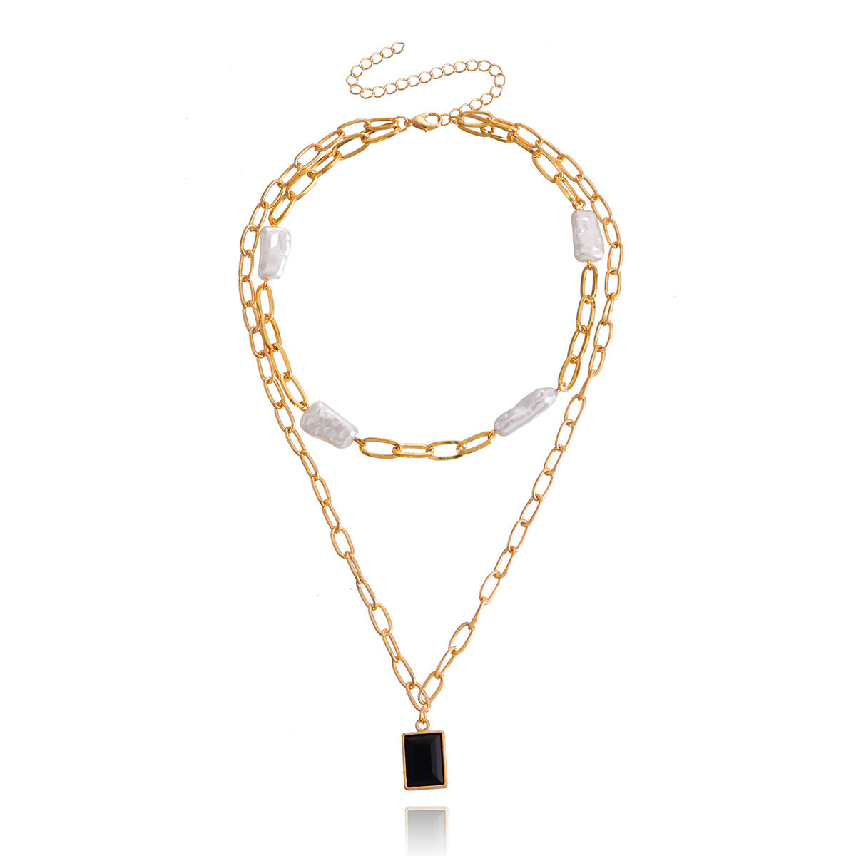 Pearl & Crystal 18K Gold-Plated Rectangle Layered Pendant Necklace