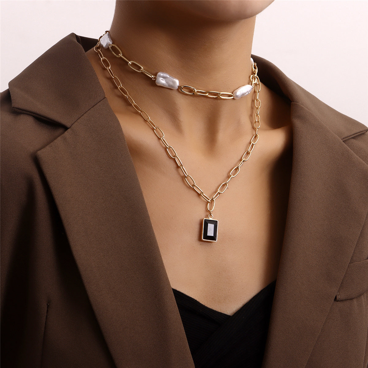 Pearl & Crystal 18K Gold-Plated Rectangle Layered Pendant Necklace