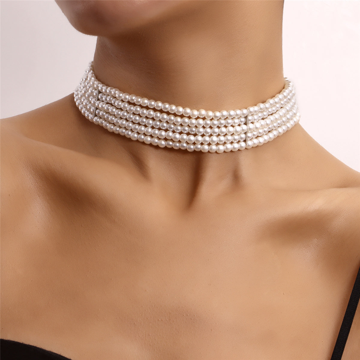 Pearl and Silver-Plated Strand Choker, silver pendant necklace for women, vintage-inspired design, front view