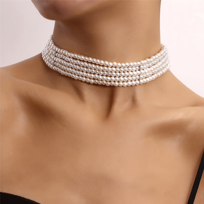 Pearl and Silver-Plated Strand Choker, silver pendant necklace for women, vintage-inspired design, front view