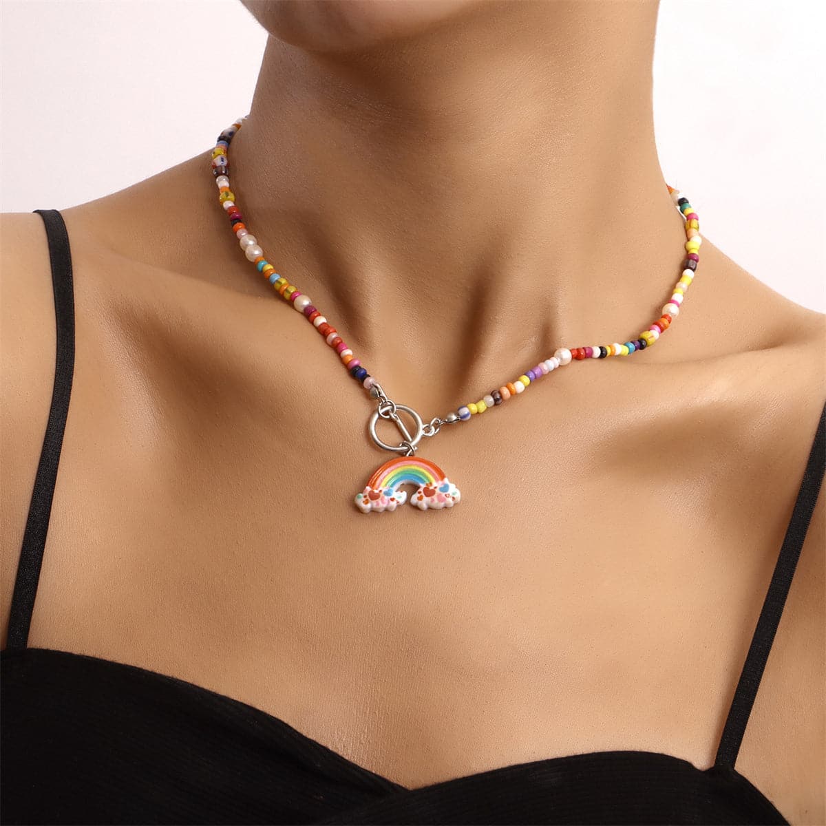 Howlite and Pearl Rainbow Pendant Necklace, pendant necklace for women, elegant gift for her, front view