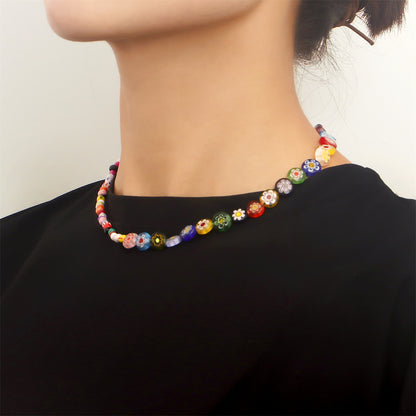 Vibrant Howlite and Vibrant Floral Beaded Necklace, pendant necklace for women, dainty minimalist design, front view