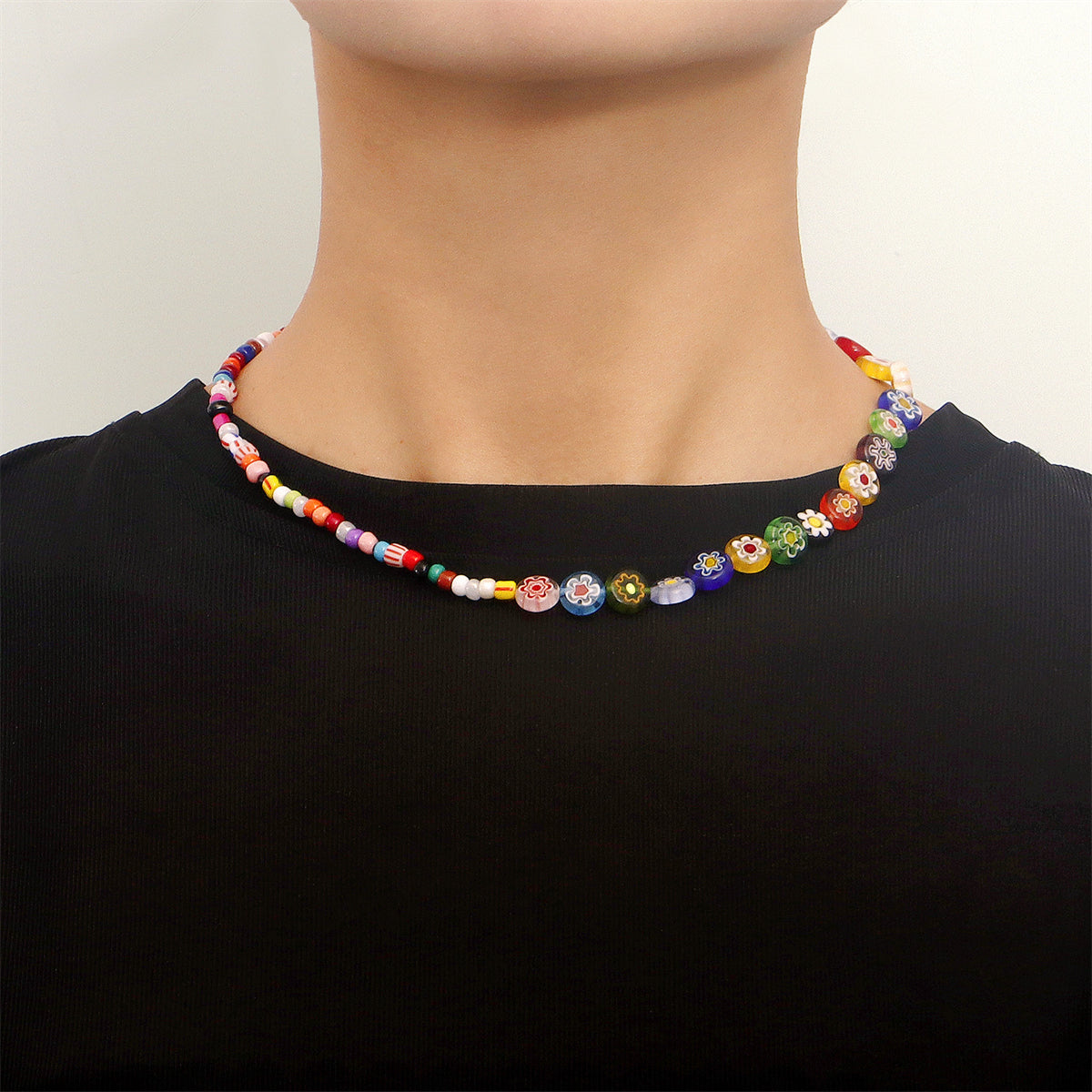 Vibrant Howlite and Vibrant Floral Beaded Necklace, pendant necklace for women, dainty minimalist design, side view