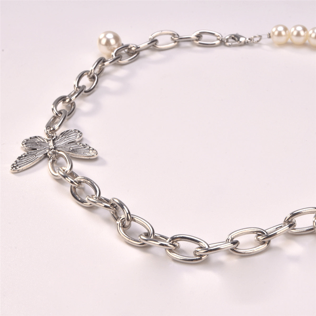 Pearl & Silver-Plated Butterfly Collar Necklace
