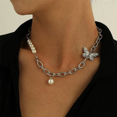 Pearl & Silver-Plated Butterfly Collar Necklace