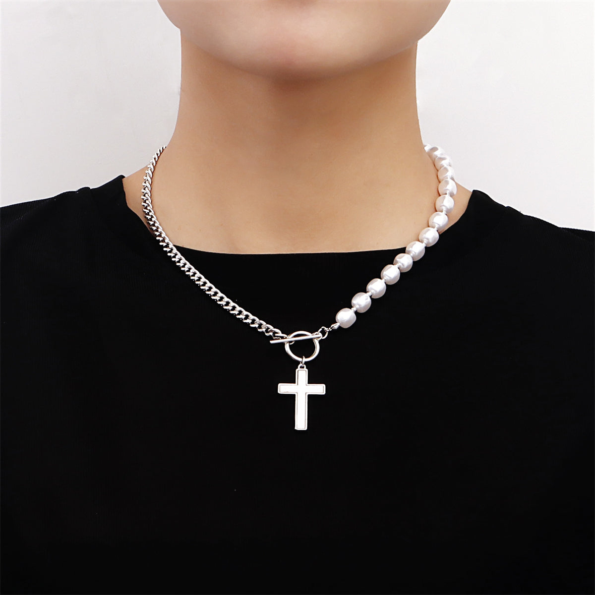 Pearl and Silver-Plated Cross Pendant Patchwork Toggle Necklace, silver pendant necklace for women, front view
