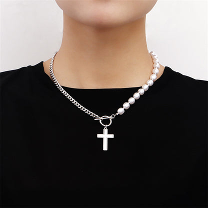 Pearl and Silver-Plated Cross Pendant Patchwork Toggle Necklace, silver pendant necklace for women, front view