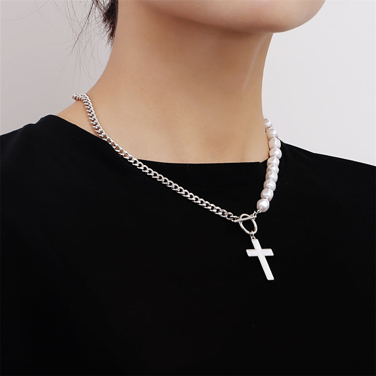 Pearl and Silver-Plated Cross Pendant Patchwork Toggle Necklace, silver pendant necklace for women, everyday style, side view