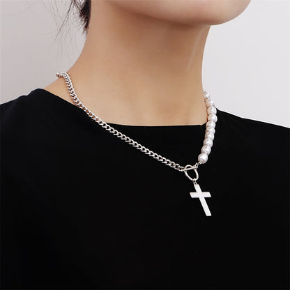 Pearl and Silver-Plated Cross Pendant Patchwork Toggle Necklace, silver pendant necklace for women, everyday style, side view