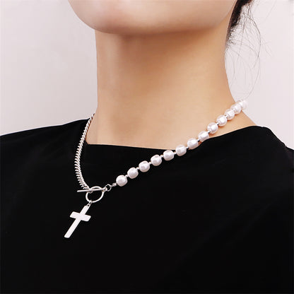 Pearl and Silver-Plated Cross Pendant Patchwork Toggle Necklace, silver pendant necklace for women, detail close-up