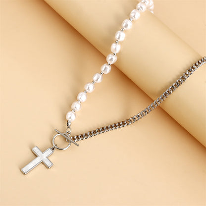 Pearl and Silver-Plated Cross Pendant Patchwork Toggle Necklace, silver pendant necklace for women, lifestyle look