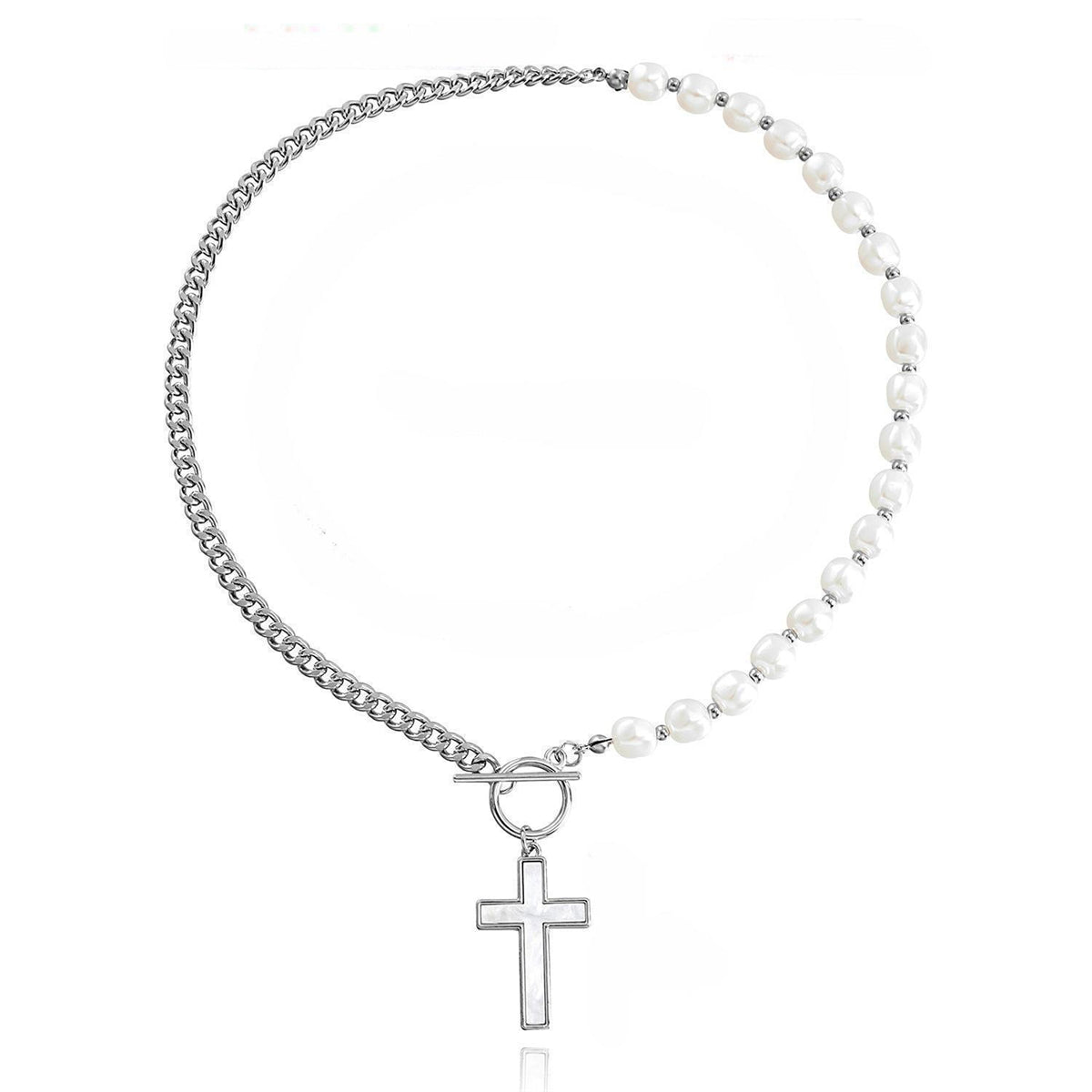 Pearl and Silver-Plated Cross Pendant Patchwork Toggle Necklace, silver pendant necklace for women, styled look