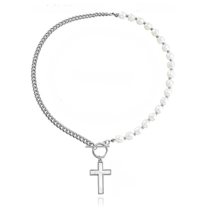 Pearl and Silver-Plated Cross Pendant Patchwork Toggle Necklace, silver pendant necklace for women, styled look