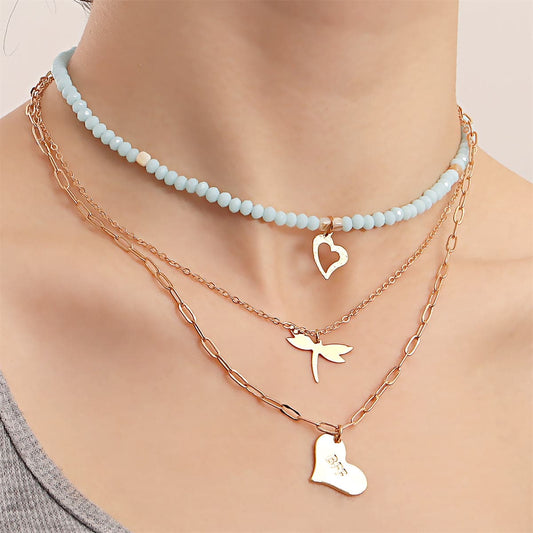 Blue Acrylic and Resin 18K Gold-Plated Dragonfly Heart Layered Pendant Necklace, gold pendant necklace for women, front view