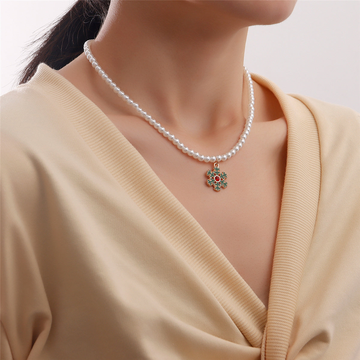 Pearl and Cubic Zirconia 18K Gold-Plated Snowflake Pendant Necklace, gold pendant necklace for women, side view