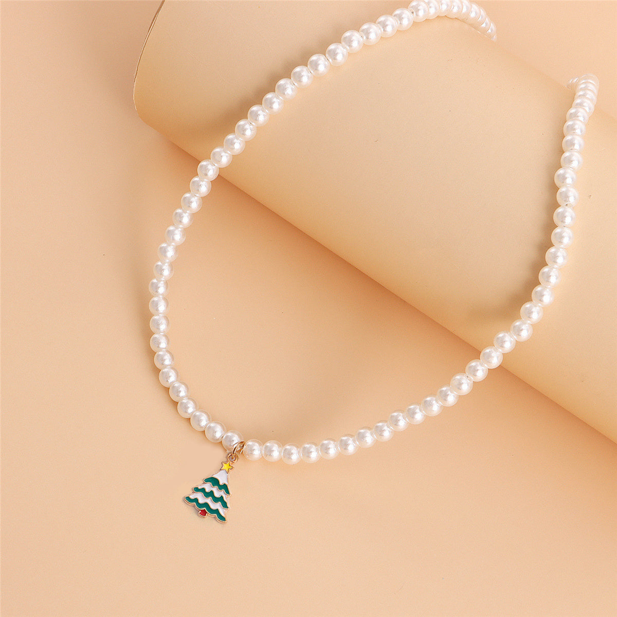 Pearl and Green Enamel 18K Gold-Plated Christmas Tree Pendant Necklace, gold pendant necklace for women, detail close-up