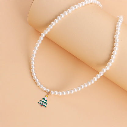 Pearl and Green Enamel 18K Gold-Plated Christmas Tree Pendant Necklace, gold pendant necklace for women, detail close-up