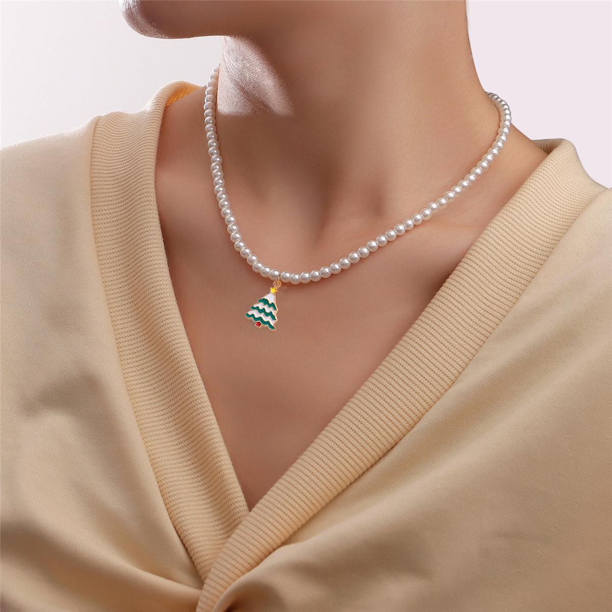 Pearl and Green Enamel 18K Gold-Plated Christmas Tree Pendant Necklace, gold pendant necklace for women, front view