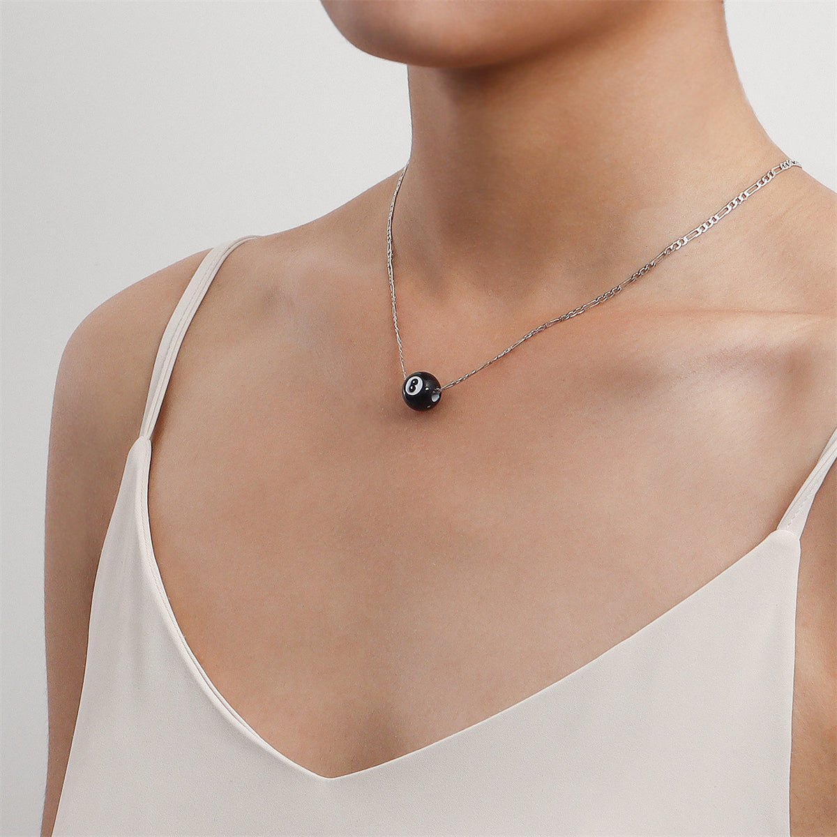 Black Acrylic and Silver-Plated 8-Ball Pendant Necklace, silver pendant necklace for women, elegant gift for her, front view