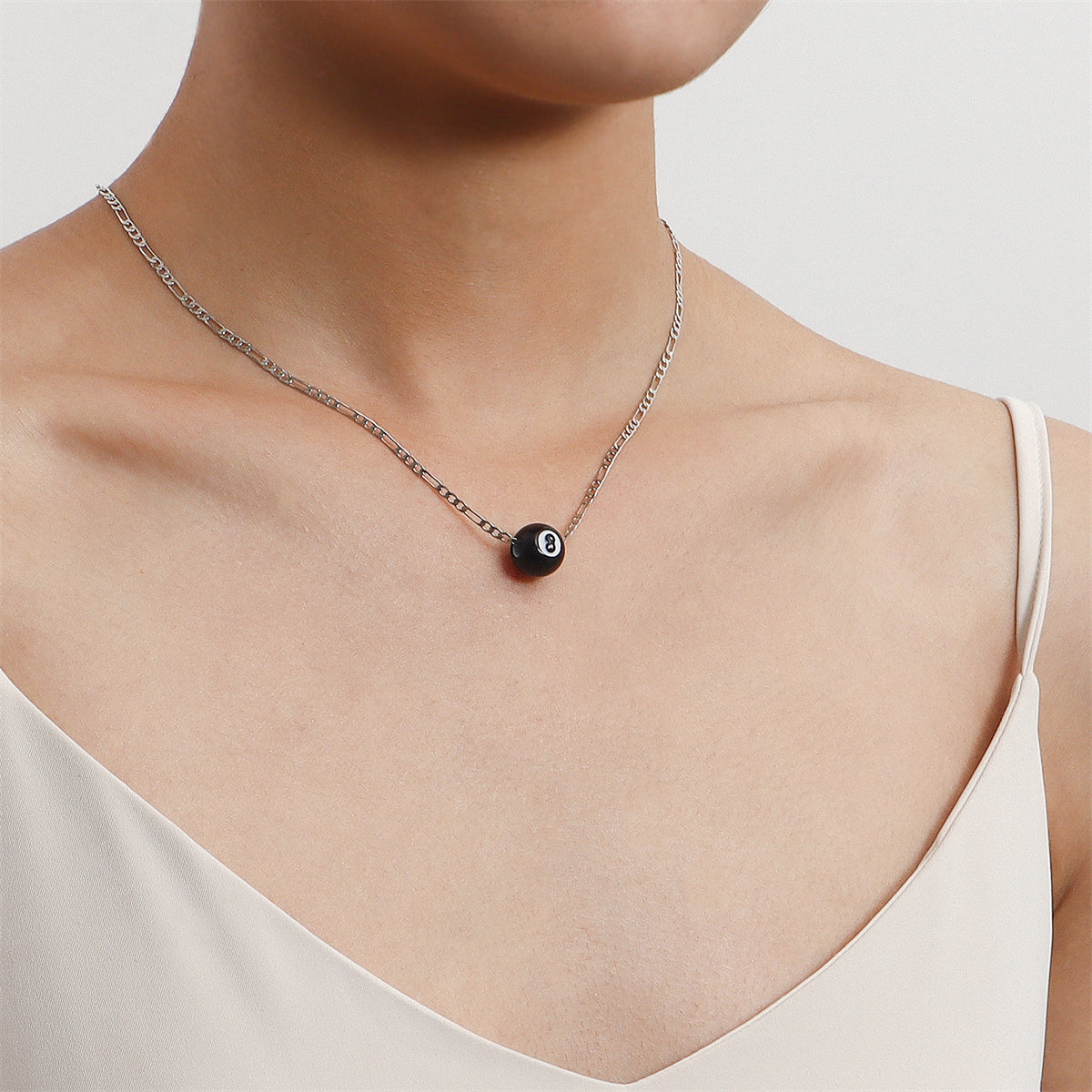 Black Acrylic and Silver-Plated 8-Ball Pendant Necklace, silver pendant necklace for women, elegant gift for her, side view