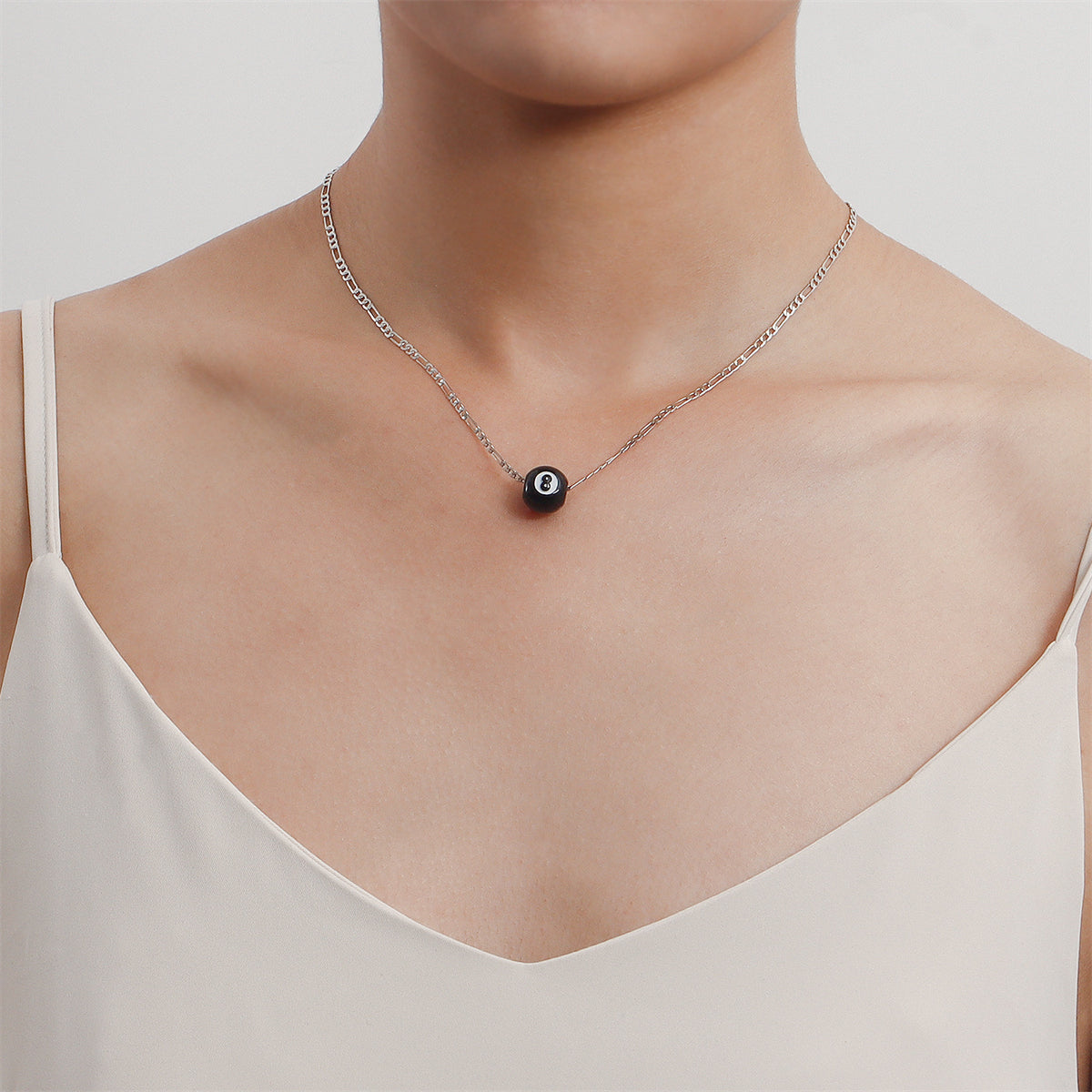 Black Acrylic and Silver-Plated 8-Ball Pendant Necklace, silver pendant necklace for women, detail close-up