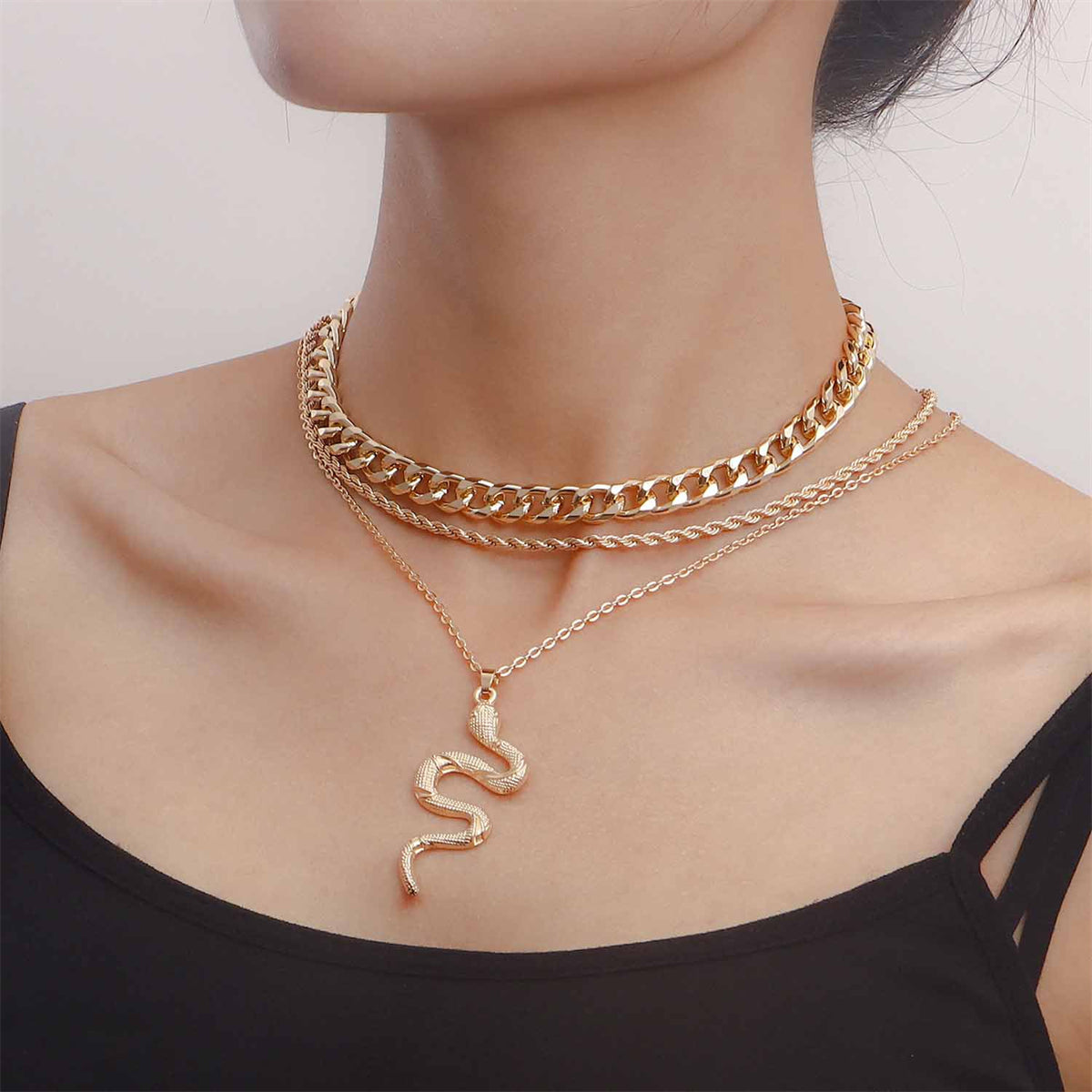 18K Gold-Plated Layered Snake Pendant Necklace, jewelry gift sets for women, vintage-inspired design, front view