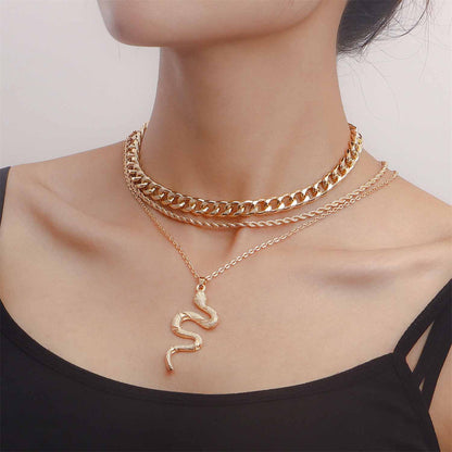 18K Gold-Plated Layered Snake Pendant Necklace, jewelry gift sets for women, vintage-inspired design, front view