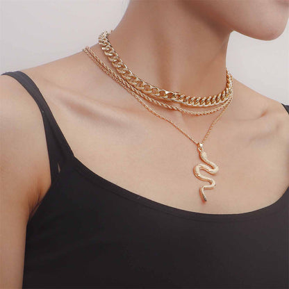 18K Gold-Plated Layered Snake Pendant Necklace, jewelry gift sets for women, vintage-inspired design, detail close-up