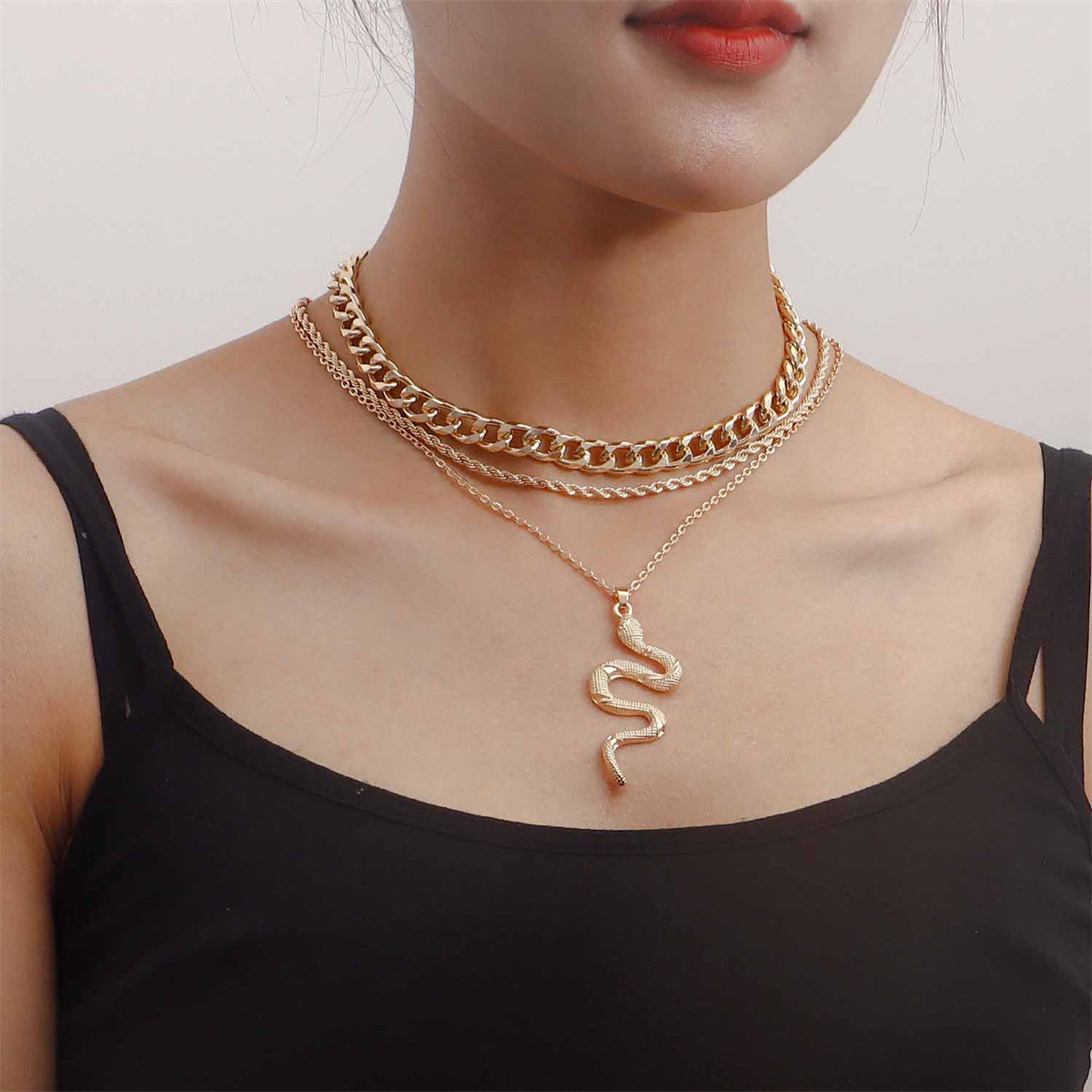 18K Gold-Plated Layered Snake Pendant Necklace, jewelry gift sets for women, vintage-inspired design, side view