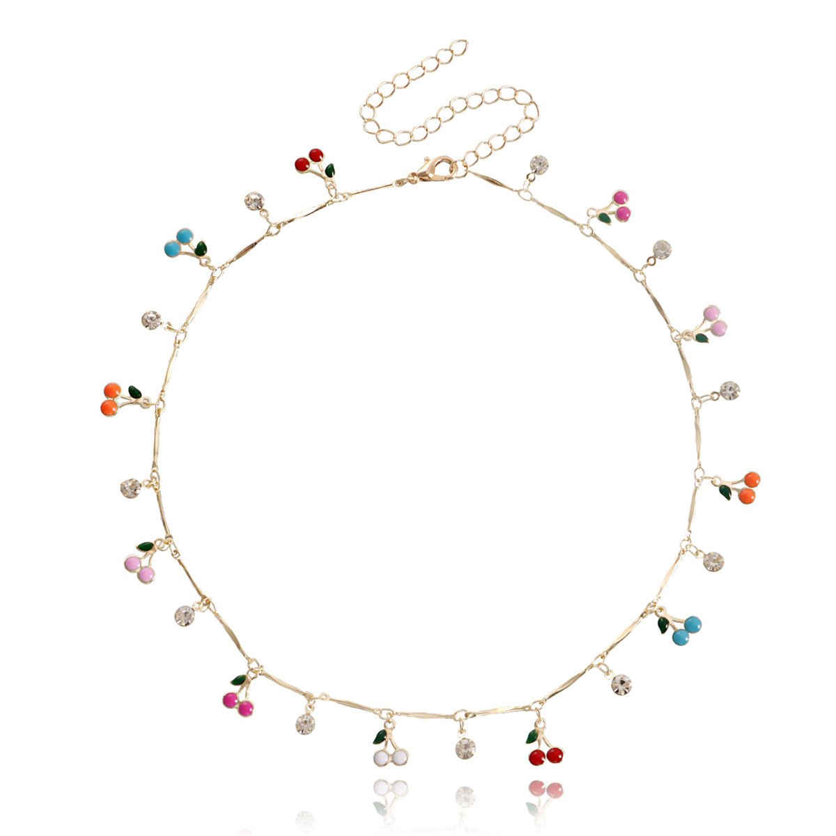 Cubic Zirconia and Enamel 18K Gold-Plated Cherries Station Necklace, gold pendant necklace for women, front view