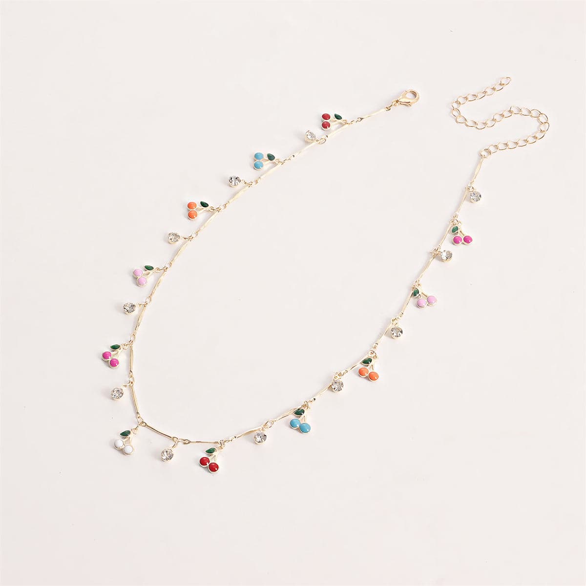 Cubic Zirconia and Enamel 18K Gold-Plated Cherries Station Necklace, gold pendant necklace for women, side view