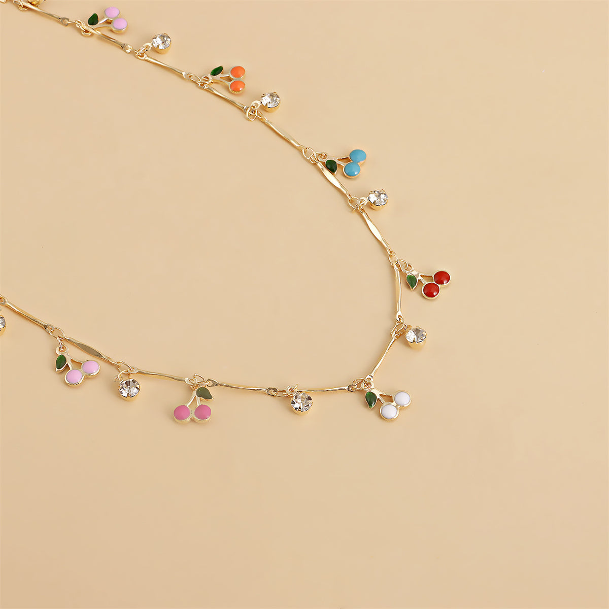 Cubic Zirconia and Enamel 18K Gold-Plated Cherries Station Necklace, gold pendant necklace for women, lifestyle look