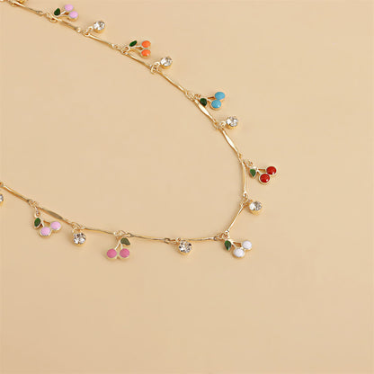 Cubic Zirconia and Enamel 18K Gold-Plated Cherries Station Necklace, gold pendant necklace for women, lifestyle look